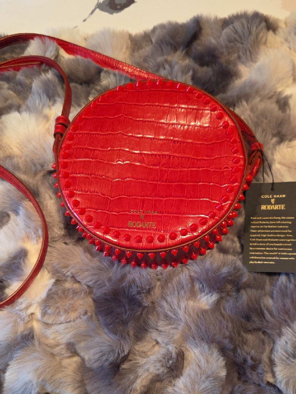 Cole Haan Red Croc-Embossed Round Studded Leather Crossbody